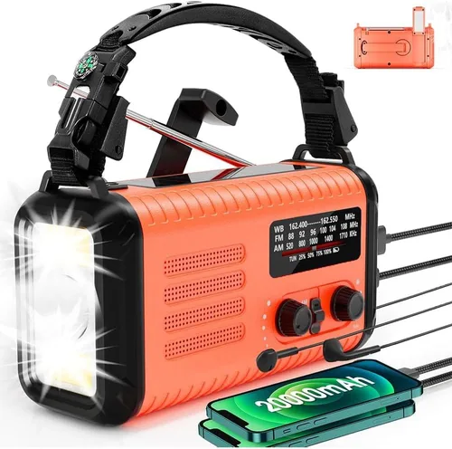 Radio meteorológica de 20000 mAh NOAA/AM/FM, radio de emergencia, manivela, linterna solar, cargador de teléfono, lámpara de lectura, conector para
