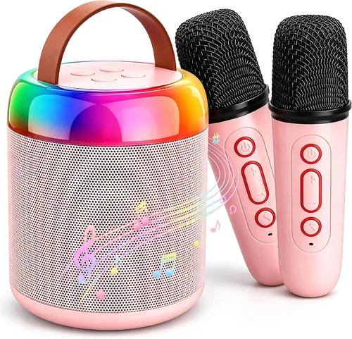 Mini máquina de karaoke para fiestas de juguete para niños, altavoz portátil de juguete de karaoke LED con 2 micrófonos inalámbricos para niñas y