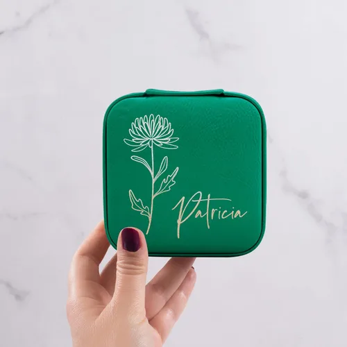Miniatura 16 de Joyero de cuero personalizado con nombre y mes de la flor de nacimiento, regalos de cumpleaños para mujeres, estuche de viaje de joyería Negro