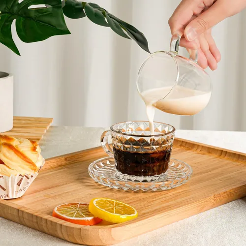 Miniatura 6 de Juego de 6 tazas de cristal para café espresso con platillos y cucharas de acero inoxidable, aptas para lavavajillas, para té, chocolate caliente