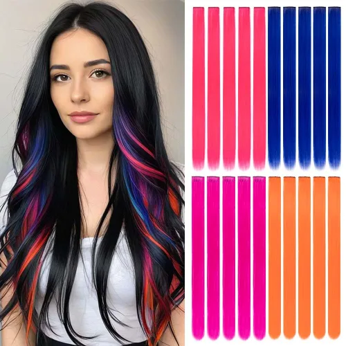 Miniatura 9 de 20 extensiones de cabello con clip de colores para niñas, extensiones de cabello arcoíris multicolor de 20 pulgadas, reflejos instantáneos, piezas
