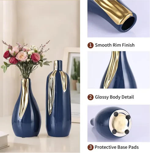 Miniatura 2 de Juego de 3 jarrones azul y dorado, jarrones modernos decorativos de cerámica para sala de estar, recámara, decoración de arte, chimenea, decoración