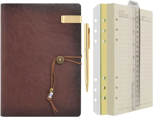 Miniatura 20 de Wonderpool - Diario de piel con papel rayado y bolígrafo, rellenable, cuaderno de espiral con 6 anillas, con libretas pautadas, cubierta vintage