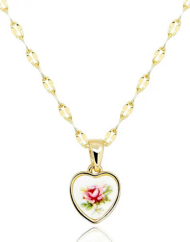 Collar con colgante de corazón antiguo con cadena de espejo Colgante de resina acrílica de flor de rosa roja vintage Regalos de joyería de cadena