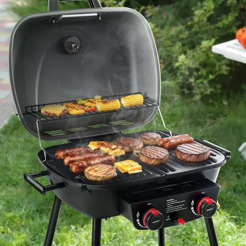 Miniatura 9 de Royal Gourmet GT2003 Parrilla portátil de gas propano de 2 quemadores con soporte y rejilla calefactora, combo de parrilla y plancha 2 en 1
