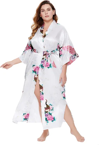 Miniatura 4 de BABEYOND Kimono de mujer bata larga con pavo real y flores estampado Kimono camisón