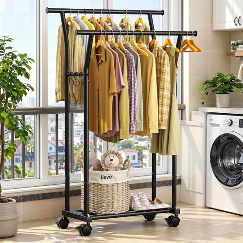 Miniatura 8 de Luxspire Perchero de doble barra para colgar ropa, perchero con ganchos laterales, estantes inferiores, ruedas de 360°, percheros para dormitorio