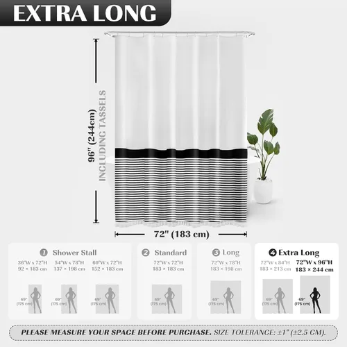 Miniatura 7 de Seasonwood 96 pulgadas de cortina de regadera extra larga, cortina de regadera negra y blanca con borlas, 72" ancho x 96" largo, cortinas de Blanco