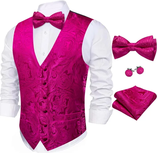 Miniatura 26 de Barry.Wang Conjunto de chaleco de pajarita para hombre, chaleco con cuello en V de seda jacquard de cachemira, gemelos de pañuelo formal/ocio, boda