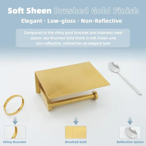 Miniatura 4 de APLusee Soporte de papel higiénico dorado cepillado con estante, colgador de papel higiénico compacto montado en la pared de acero inoxidable 304