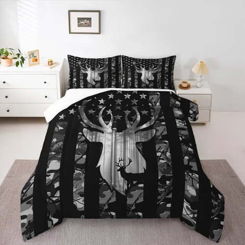 Miniatura 28 de Juego de edredón de cuernos de ciervo tamaño individual, juego de ropa de cama rústica de granja con huellas de oso y pinos para decoración