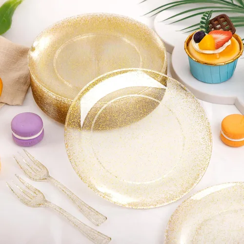 Miniatura 4 de Festiva 200 platos de postre dorados con purpurina de 6.3 pulgadas con tenedores de 5 pulgadas, platos pequeños de plástico para postre, pasteles