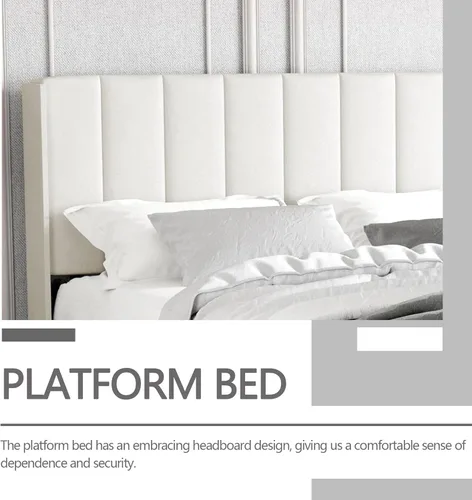 Miniatura 6 de Marco de Cama Tapizada de Plataforma Tamaño Full con Cabecero, Soporte de Listones de Madera Resistentes, No Necesita Somier, Montaje Fácil, Beige