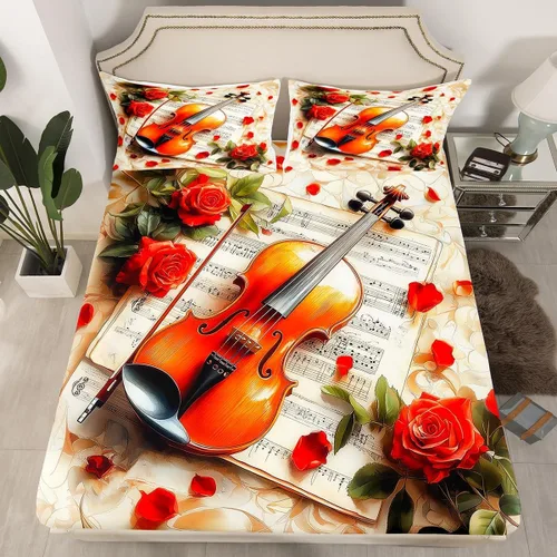 Miniatura 18 de Juego de sábana bajera ajustable para niños con diseño de guitarra eléctrica, estilo retro, diseño de notas musicales, decoración de habitación