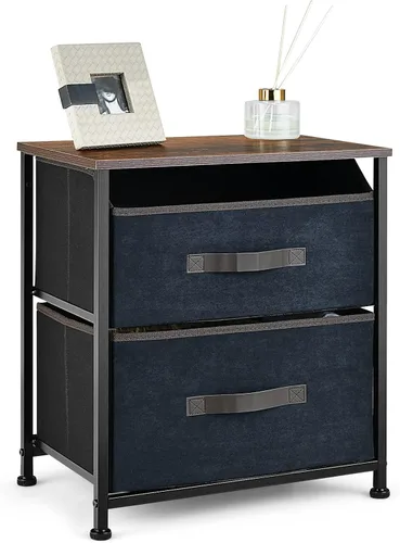 Giantex Mesita de noche con 2 cajones, mesa auxiliar pequeña con contenedores de tela extraíbles y parte superior de madera, marco de metal