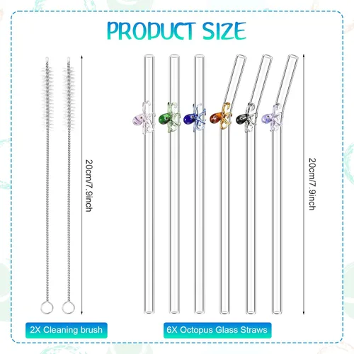 Miniatura 2 de Yinkin 6 pajitas de vidrio de pulpo de 8 pulgadas, bonitas pajitas de vidrio coloridas con diseño, popotes reutilizables con 2 cepillos de limpieza