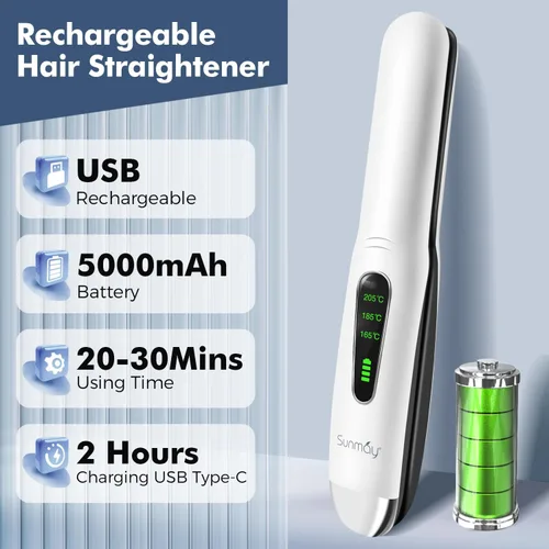 Miniatura 6 de SUNMAY Alisador de pelo inalámbrico, mini plancha plana portátil para viajes, calentamiento rápido de 20 segundos, recargable USB-C de 5000 mAh