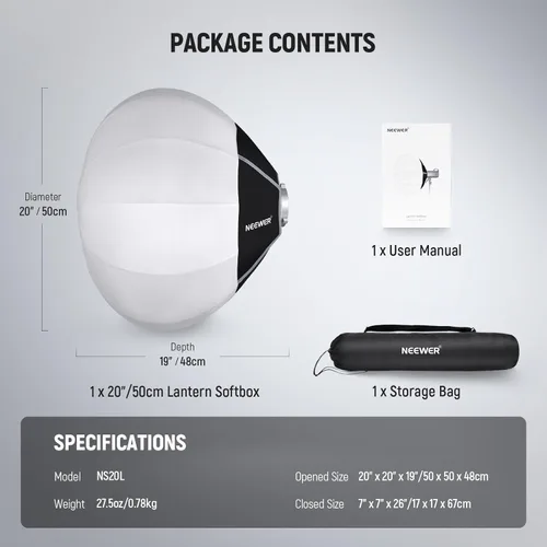Miniatura 8 de NEEWER Softbox de linterna de 20"/50cm, Difusor de luz de liberación rápida de 360° con montaje Bowens de aleación de nylon ligera para luces