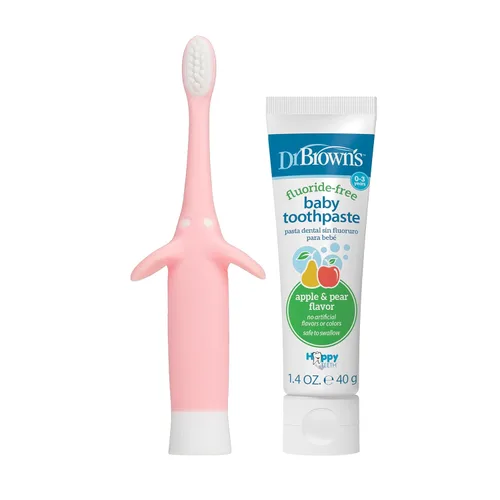 Miniatura 6 de Dr. Brown's Milestones - Botella sorbera de cuello ancho con asas 100% de silicona, botella de fácil agarre y juego de cepillos de dientes