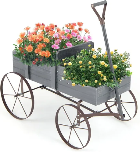Giantex Maceta decorativa para jardín, carrito pequeño con ruedas de metal, camas elevadas de madera, soporte para macetas para patio trasero, Gris