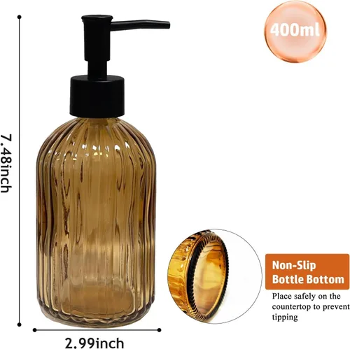 Miniatura 3 de 14Oz Black Pump Glass Soap Dispenser, Brown Stripe Countertop Refillable Liquid Bottle Hand Dish Lotion Dispenser with Plastic Pump, for Kitchen