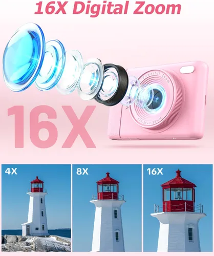 Miniatura 3 de W&O Cámara digital, cámara para niños, cámaras digitales para apuntar y disparar para niños, con pantalla LCD de 2.8 pulgadas, 64 MP, zoom de 16X