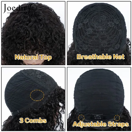 Miniatura 7 de JOEDIR HAIR Peluca corta y rizada con flequillo, peluca de cabello humano virgen brasileño de 12 pulgadas para mujeres negras, peluca Jerry Curl