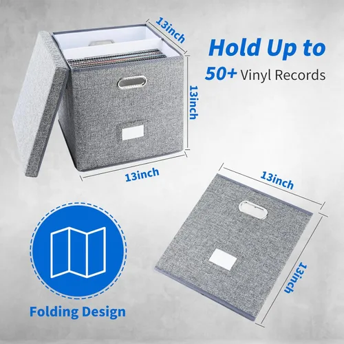 Miniatura 2 de ZEDKEHO Juego de 2 cajas de almacenamiento de discos de vinilo - Almacenamiento de álbumes con capacidad para más de 100 discos individuales, caja