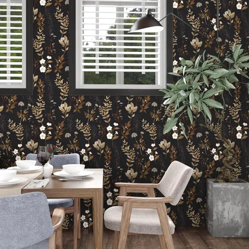 Miniatura 2 de Fvlow Papel Tapiz Floral Negro Despegar y Pegar Papel de Contacto Hoja Dorada Papel Tapiz de Hojas Impermeable Autoadhesivo Revestimiento de Pared