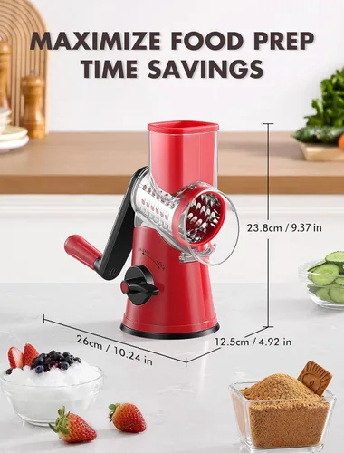 Miniatura 7 de Rallador de queso giratorio GDL con manivela manual con 5 cuchillas intercambiables - Rallador de queso mejorado con base de succión fuerte para Rojo