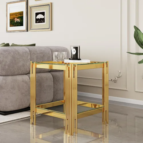 Miniatura 218 de Mesa de centro de cristal de lujo, mesa de centro de sofá de 47 pulgadas con marco de acero inoxidable dorado y parte superior de vidrio negro, mesa