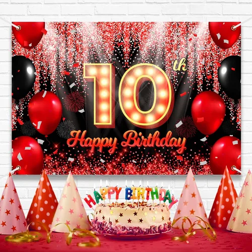 Miniatura 2 de Telón de Fondo Banner de Feliz 10º Cumpleaños Tema Negro y Rojo con Fondo de Neón Brillante y Moda para Fiesta de Cumpleaños Fotografía Accesorio