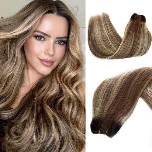 Miniatura 10 de Extensiones de trama de cabello humano real, para coser, con mechas rubias, cabello Remy marrón cenizo mezclado con rubio platino, atado a mano - 14