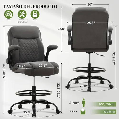 Miniatura 3 de Silla de dibujo alta para escritorio de pie, silla de escritorio alta ergonómica con anillo de pie ajustable, reposabrazos abatibles, soporte Gris