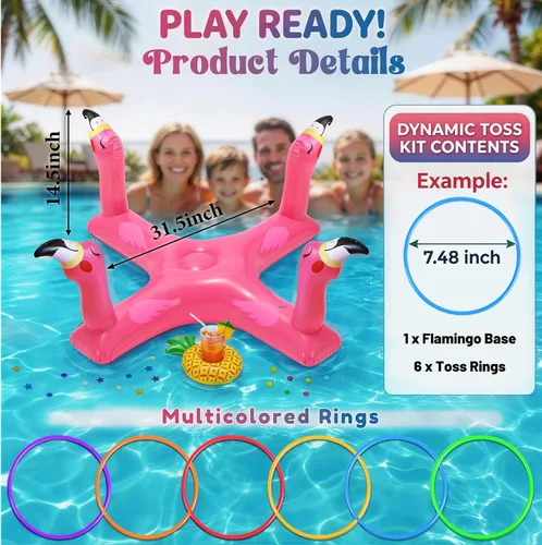 Miniatura 4 de Uniqhia Anillo inflable para piscina con 6 anillos, juego de piscina flotante de tiburón y flamenco con 6 anillos, juegos de piscina para niños
