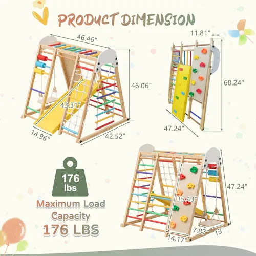 Miniatura 2 de KEIKI 9-in-1 Foldable Wooden Kids Climbing Frame with Slide Swing Monkey Bars Rock Wall Abacus, Indoor Outdoor Playground Set, Montessori Play Gym