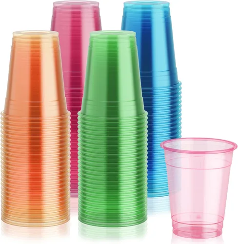 Lilymicky Paquete de 100 vasos de plástico de 12 onzas, vasos de plástico neón brillantes para fiestas, carnavales y cualquier evento