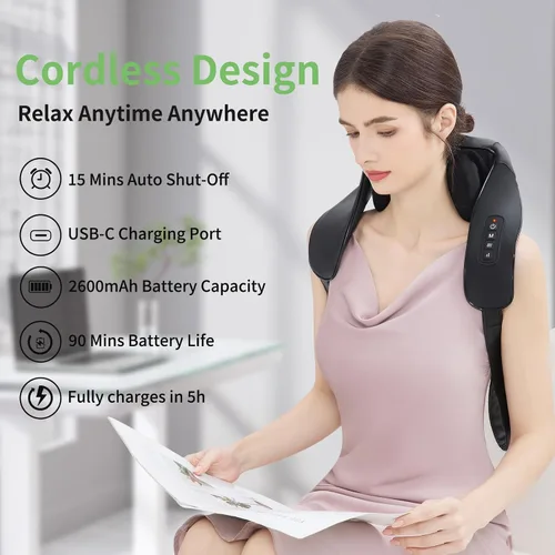 Miniatura 2 de MASGRE Masajeador Shiatsu de cuello y espalda con calor, masajeador de hombros inalámbrico mejorado de 2600mAh de amasamiento profundo 6D, almohada