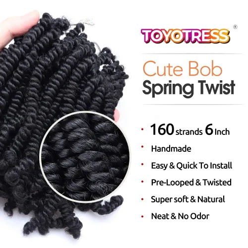 Miniatura 2 de TOYOTRESS Cabello Bob Spring Twist – 6 pulgadas, 8 paquetes de cabello pretrenzado para niños, trenzas de ganchillo con resorte, extensiones de 1b