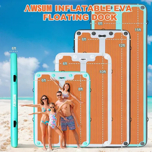 Miniatura 2 de AWSUM Plataforma de muelle inflable, superficie antideslizante de EVA de 8 a 15 pies, isla flotante resistente para lago, piscina, playa y océano