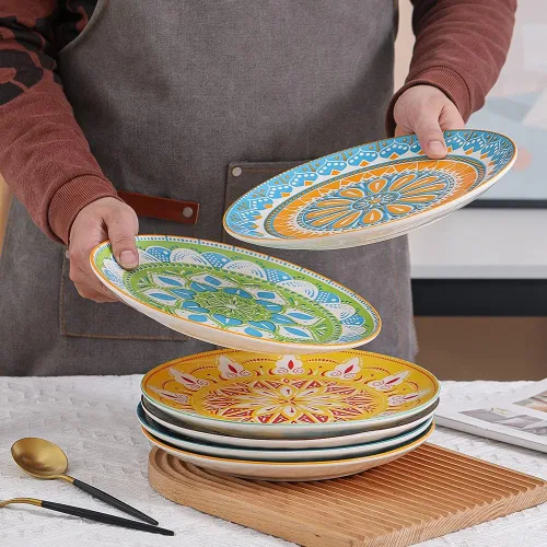Miniatura 3 de Juego de 6 platos llanos de cerámica resistentes a los arañazos de 10 pulgadas, aptos para lavavajillas y microondas, platos de pasta, plato de Boho