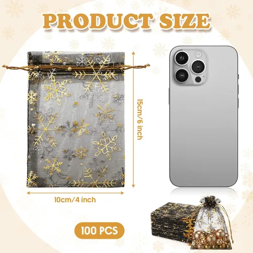 Miniatura 2 de Roowest 100 bolsas de regalo de organza con copos de nieve de 4 x 6 pulgadas, pequeñas bolsas de malla para joyas, mini cordón para dulces, bolsas