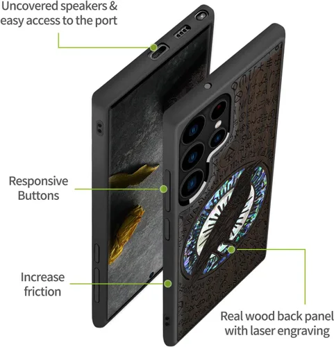 Miniatura 6 de Carveit Funda de madera para Samsung Galaxy S22 Ultra [grabado de madera e incrustaciones de carcasa] Funda de madera compatible con cargadores