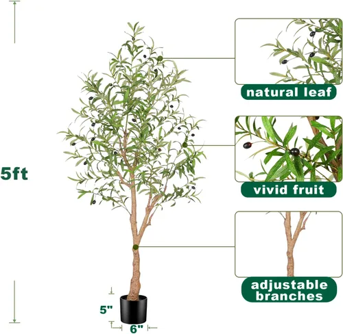 Miniatura 2 de FEELEAD Árbol de olivo artificial de 5 pies, olivo sintético con hojas realistas y tronco natural, olivo falso en maceta para el hogar, sala