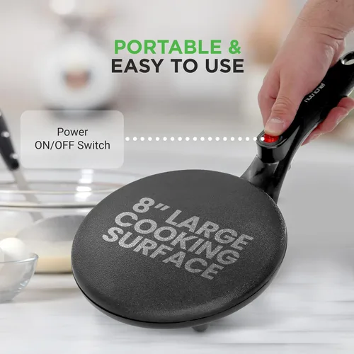 Miniatura 2 de NutriChef - Sartén eléctrica para crepas Placa de cocción antiadherente de 8 pulgadas con interruptor de encendido/apagado Cocina roti, Negro