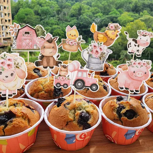 Miniatura 5 de Gyufise 36 adornos para cupcakes de animales de granja rosas con diseño floral rosa para niñas, diseño de animales de granja, para cumpleaños