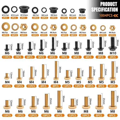 Miniatura 2 de mankk Kit surtido de pernos métricos de 1004 piezas y tornillos y tuercas de brida M4 M5 M6 M8 (0.472 in a 1.181 in) con tuercas y arandelas