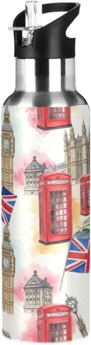 Stainless Steel Water Bottle 20 Oz, Leakproof Water Bottles for Gym Outdoor Travel School, London Icons Vintage