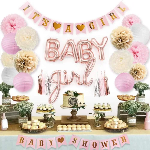 Sweet Baby Co. Juego de decoración para Baby Shower, cartel con texto en inglés "It's a Girl", globos de letras (baby girl), pompones de flores,