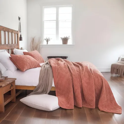 DaDalogy Bedding - Juego de colcha de pana color naranja terracota, manta terrosa rústica y cálida coral ladrillo – Terciopelo suave ligero cosido